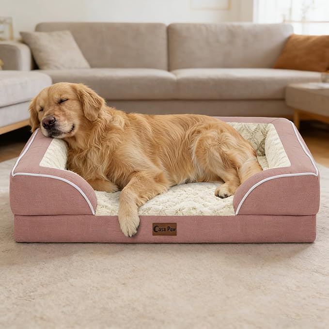 Casa Paw Orthopedic XXL Dog Beds, Waterproof Memory Foam Big Pet Bed for Extra Large Sized Dogs 53x42Inch, Non-Slip Bottom and Egg-Crate Foam Dog Couch Bed with Washable Removable Cover, Pink