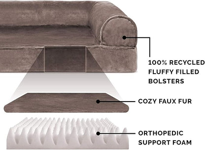 Furhaven Orthopedic Dog Bed for Medium/Small Dogs w/ Removable Bolsters & Washable Cover, For Dogs Up to 35 lbs - Faux Fur & Velvet Sofa - Driftwood Brown, Medium