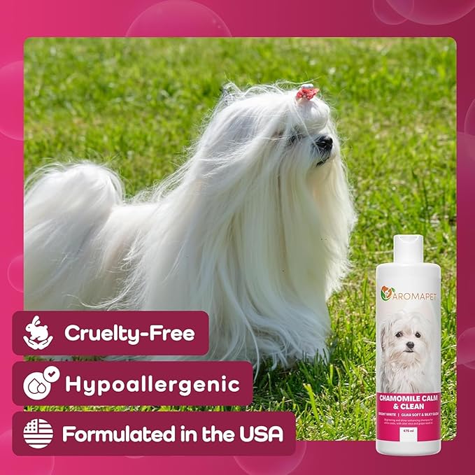 Chamomile Calm & Clean Dog Shampoo for White Coats - Deodorizing Dog Shampoo with Aloe, Argan Oil, Chamomile, Grape Extract - Great for Maltese, Gentle, Hypoallergenic. Soft & Silky Glow.