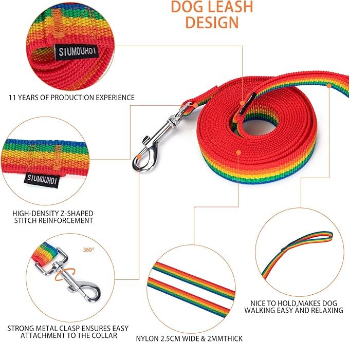 Siumouhoi Strong Durable Nylon Dog Training Leash, 1 Inch Wide Traction Rope, 6 ft 10ft 15ft Long, for Small and Medium Dog (Rainbow, 10 Feet)