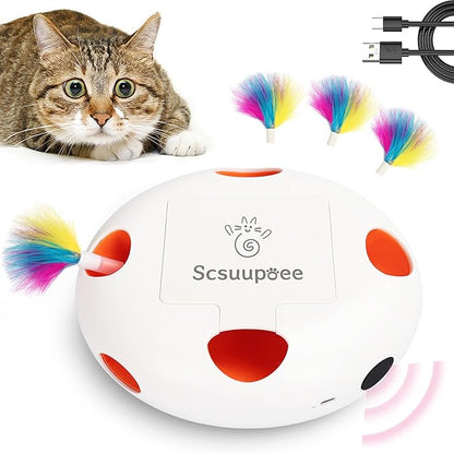 Scsuupoee Interactive Cat Toy, Electric Cat Toys for Moving Concealed Feathers, Smart Sensor 7 Holes Whack a Mole Feather Toy, USB Charge Automatic Kitten Christmas Toys,White