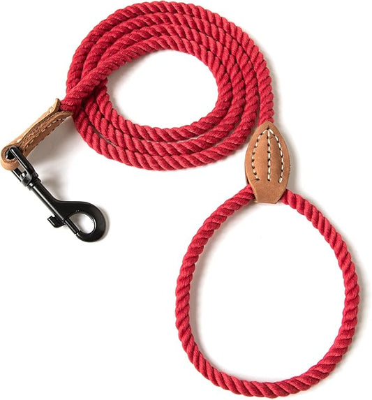 Mile High Life Dog Leash, Braided Cotton Rope Leashes with Leather Tip - Heavy Duty Metal Clasp, 6FT, 1/3" Thick - Wedding, Walking Leash for Small Medium Puppys(Red)