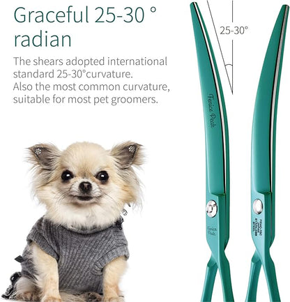Fenice Peak Curved Dog Grooming Scissors with Green Color Coating 440C Stainless Steel Pet Grooming Bending Shears Sharp and Durable Comfortable Engonomic Handle