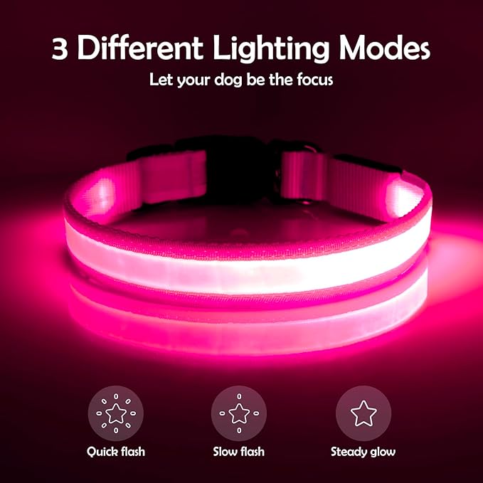 Vizpet LED Dog Collar, Light Up Dog Collar Adjustable USB Rechargeable Super Bright Safety Light Glowing Collars for Dogs (X-Large, Pink)