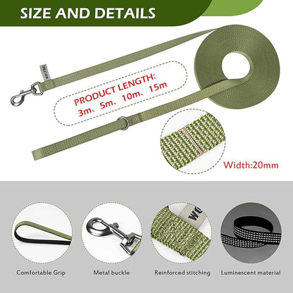 Wolfone Long Line Dog Leash with Padded Handle Army Green 5m Training Leashes Reflective Leads for Dogs Outside