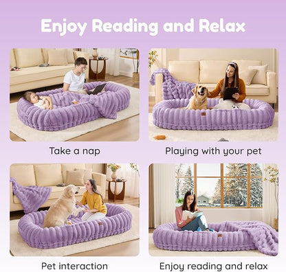 ChiXnuggle Human Dog Bed for Adult - Luxury Striped Faux Fur Giant Dog Bed with Portable Handle, Egg Orthopedic Foam Pad with Thick Blanket, 72"x40"x10", Purple