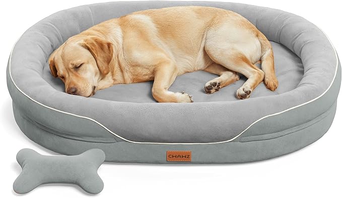 CWAWZ Jumbo Orthopedic Dog Bed, Big Dog Bed for Extra Large Sized Dogs with Full-Surround Bolsters, Dual-Sided Dog Cooling Bed with Memory Foam, Washable Pet Sofa Couch with Nonslip Bottom, Light Grey