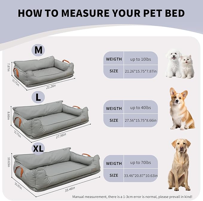 Removable Orthopedic Dog Beds for Large Dogs, Leather Memory Foam Dog Sofa Bed, Waterproof Durable Dogs Bed Couch with Non Skid Bottom for All Pet Sizes (Silver Gray, Large)