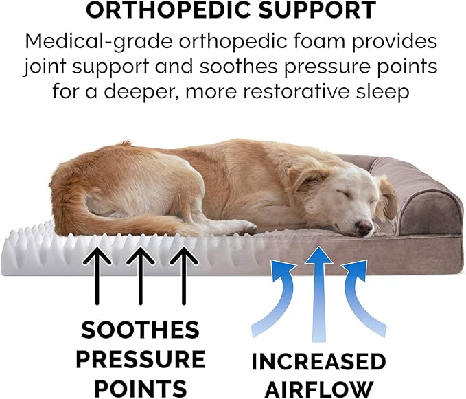 Furhaven Orthopedic Dog Bed for Medium/Small Dogs w/ Removable Bolsters & Washable Cover, For Dogs Up to 35 lbs - Faux Fur & Velvet Sofa - Driftwood Brown, Medium
