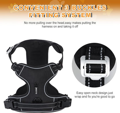 No Pull Dog Harness with 3 Snap Buckles,No Choke Front Lead pet Harness Reflective and Adjustable Soft Padded Vest for Small Medium Large Dog (Black, Small)