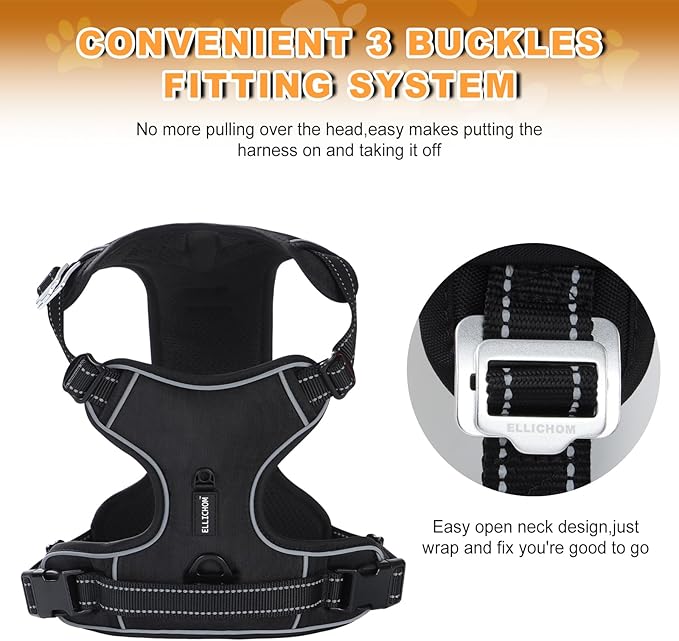 No Pull Dog Harness with 3 Snap Buckles,No Choke Front Lead pet Harness Reflective and Adjustable Soft Padded Vest for Small Medium Large Dog (Black, Medium)