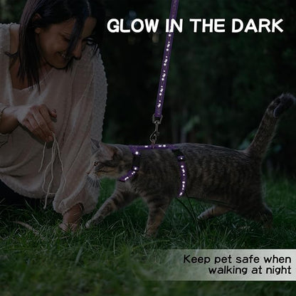PAWCHIE Cat Harness with Leash and Collar Set - Escape Proof Adjustable H-shped Cat Harness with Star and Moon Pattern Glow in The Dark for Kitty Outdoor Walking