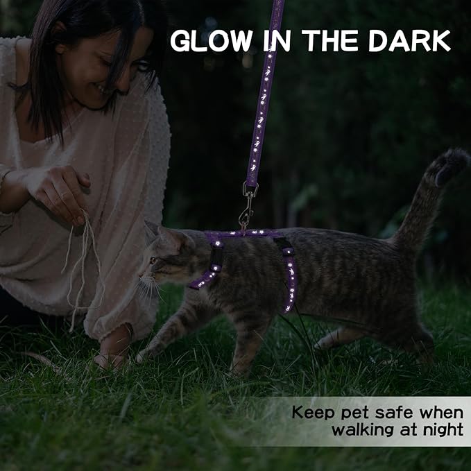 PAWCHIE Cat Harness with Leash and Collar Set - Escape Proof Adjustable H-shped Cat Harness with Star and Moon Pattern Glow in The Dark for Kitty Outdoor Walking, Purple M