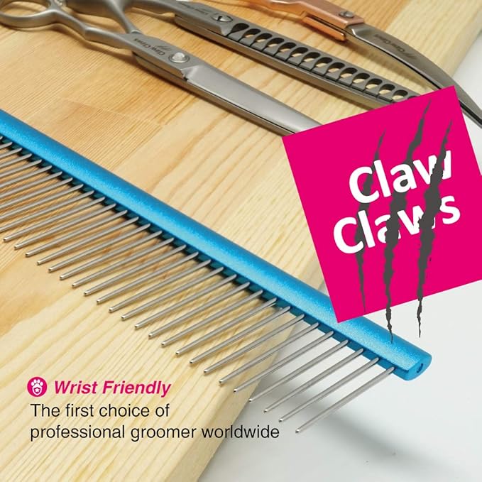 Claw Claws Greyhound Comb with Oval Handle for Dogs and Cats, Removing and Shedding Matted, Tangled Hair, Metal Comb with Stainless Steel Pins, Detangling Grooming Tool (9.8" Blue-20% fine pins)