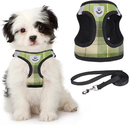KOOLTAIL Small Dog Harness & Leash Set, Soft Mesh Padded Adjustable Reflective Plaid Harness, Green S