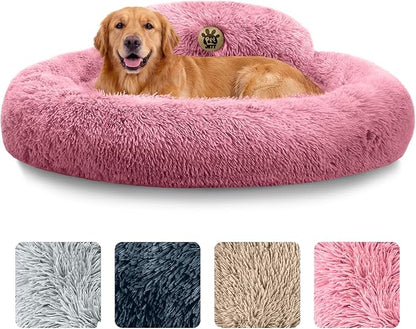 PetJett Calming Large Dog Bed - 36'' Donut Dog Beds, Anti-Slip & Washable Large Round Bed, Fluffy Faux Fur Pet Bed, Super Soft Anti-Anxiety Premium Comfort Bed, Fits Dogs up to 80 lbs - Pink