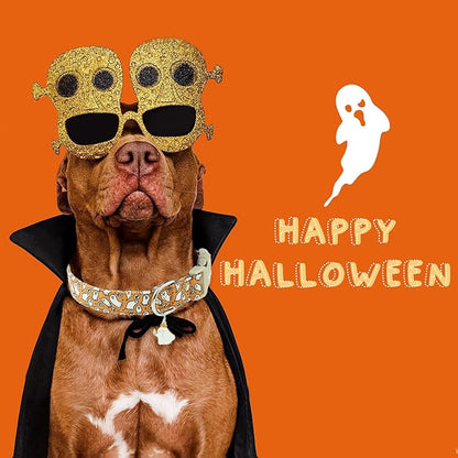 Faygarsle Halloween Ghost Pattern Dog Collar with Charm, Orange and White,for Small Medium Large Dogs M