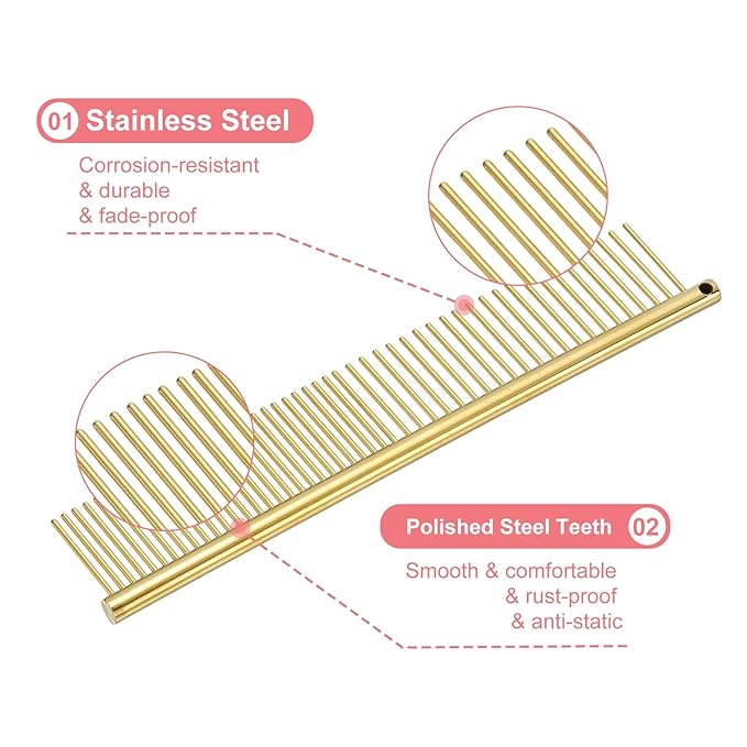 PETAXCELL Dog Cat Comb, Pet Combs Stainless Steel Teeth with Rounded Ends for Knots Mats Loose Hair Removal, 6.5IN (Gold Plated, 3 Pack), Grooming Tool Intended for Long Curly Hair Pet