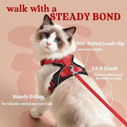 rabbitgoo Cat Harness and Leash for Walking, Escape Proof Soft Adjustable Vest Harnesses for Cats, Easy Control Breathable Reflective Strips Jacket, Red, M