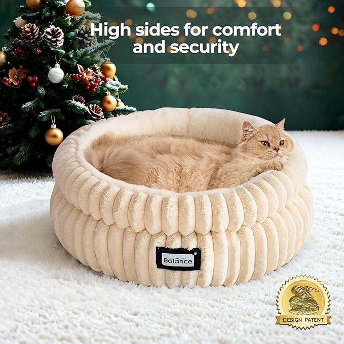 BALANCE Cat Bed Kitten Bed, Washable Round Cat Beds for Indoor Cats,Super Soft Plush Faux Fur Pet Bed for Puppy and Kitten with Anti-Slip Bottom