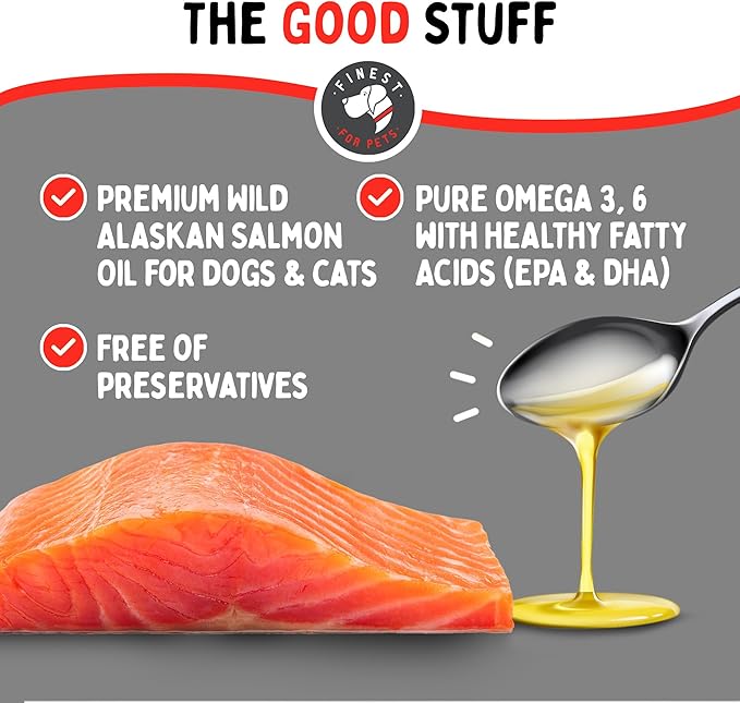Finest For Pets Wild Alaskan Salmon Oil for Dogs & Cats - Omega 3 Fish Oil with Pollock & Salmon for Sensitive Skin & Coat Health. EPA & DHA Ease Itching, Supports Joint, Immune & Heart Health (16oz)
