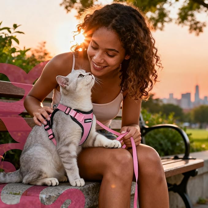 rabbitgoo Cat Harness and Leash for Walking, Escape Proof Soft Adjustable Vest Harnesses for Cats, Easy Control Breathable Reflective Strips Jacket, Pink, M
