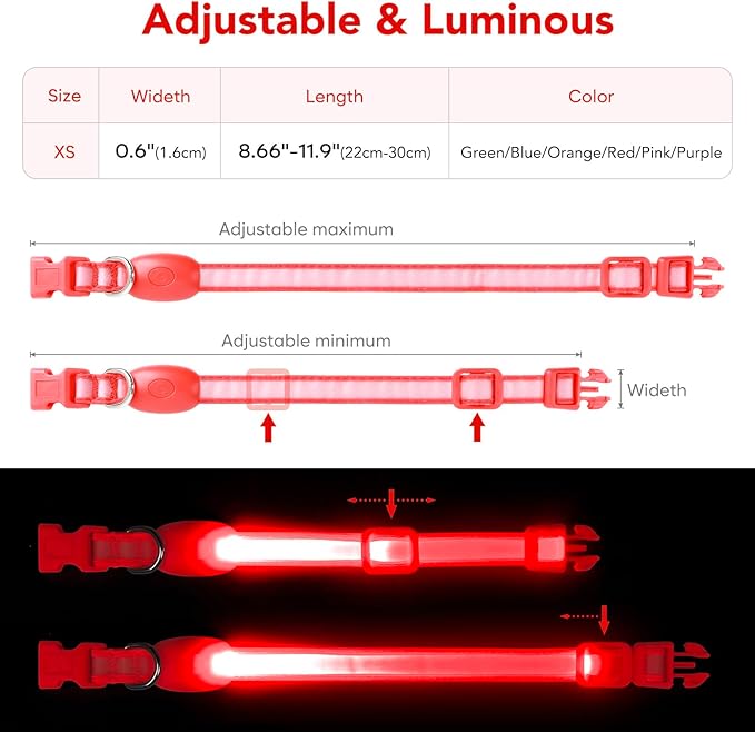 Light up Collar for Small Dog,Vizpet XS Adjustable Size Nylon Collar USB Rechargeable Bright Safety Pet Collar for Cats Small Dogs(Red, X-Small[ 8.66-11.9 inch/22cm-30cm])