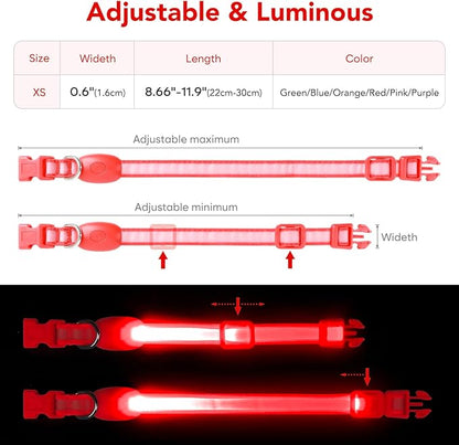 Light up Collar for Small Dog,Vizpet XS Adjustable Size Nylon Collar USB Rechargeable Bright Safety Pet Collar for Cats Small Dogs(Red, X-Small[ 8.66-11.9 inch/22cm-30cm])