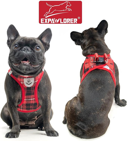 EXPAWLORER Classic Plaid Puppy Harness - Small Dog Harness and Leash Set - Dog Collar and Leash Set with AirTag Holder, Soft Padded Step in Dog Vest Harness No Pull Reflective for Outdoor, Red M