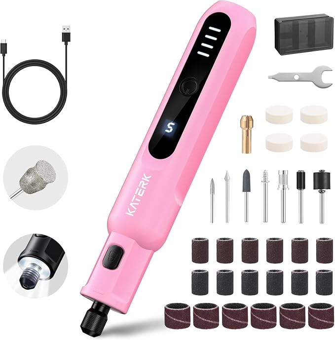 Katerk Pet Dog Nail Grinder - 5 Speed Quiet Electric Dog Nail Trimmer with 360°LED Light, 2500mAh Rechargeable, 32PCS Cordless Rotary Tool for Small Medium Large Dogs & DIY Sanding, Carving (Pink)
