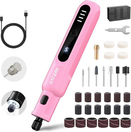 Katerk Pet Dog Nail Grinder - 5 Speed Quiet Electric Dog Nail Trimmer with 360°LED Light, 2500mAh Rechargeable, 32PCS Cordless Rotary Tool for Small Medium Large Dogs & DIY Sanding, Carving (Pink)