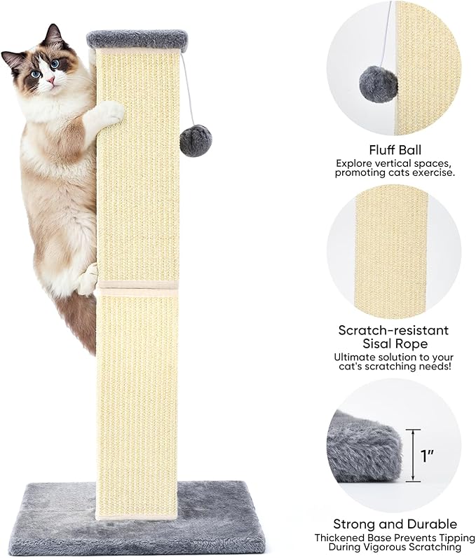 YULOYI 32" Tall Cat Scratching Post for Large Indoor Cats & Kittens, Cat Scratcher with Extra Large Stable Base and Natural Sisal, Sturdy Cat Scratch Post to Protect Furniture & Couch, Grey