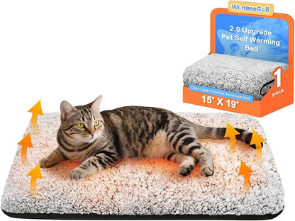 WanpeeGoo Self Warming Cat Bed, Heated Cat Bed, 2.0 Upgraded Dual-Layer Thermal Foil Heating Pad, Plush Self-Heating Pet Mat for Crate, Floor, with Removable Washable Cover, Non-Slip, 15"x19"