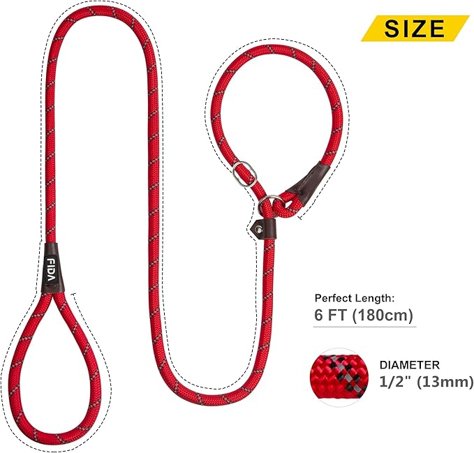 Fida Durable Slip Lead Bulk Pack of 5, Heavy Duty 1/2" x 6 FT Comfortable Strong Rope Slip Lead for Large, Medium & Small Dogs No Pulling Pet Training Leash with Highly Reflective Red