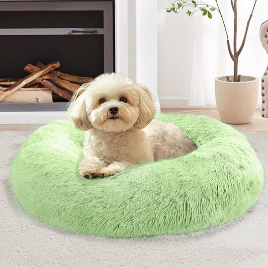 JOLLYVOGUE Calming Dog Bed Large Size Dog, Anti-Anxiety Donut Large Pet Bed, 36 inches Fluffy Faux Fur Round Cat Bed, Fits up to 75 lbs Pets (Light Green)