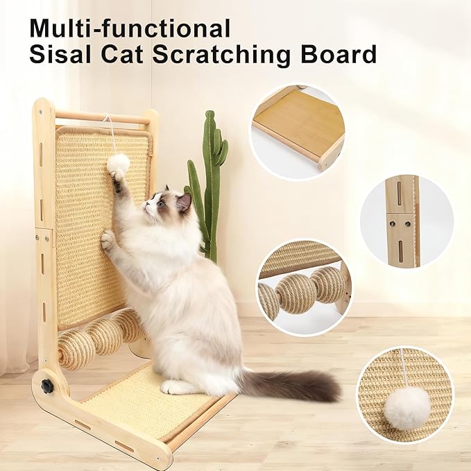 Goosheep L Shaped Cat Scratching Post, 23.2" Tall Sisal & Wooden Base Cat Scratcher Board for Indoor Cats, Sturdy Vertical Cats Scratching Pad Protects Furniture