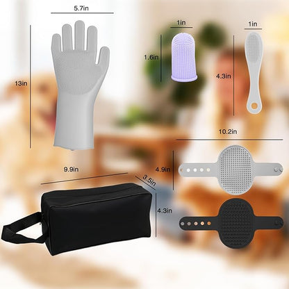 7-Piece Pet Grooming Kit with Storage Bag | Portable Bathing Set for Dogs & Cats | Includes Silicone Gloves, Deshedding Brushes & Finger Toothbrushes | All-in-One Pet Care (Gray)