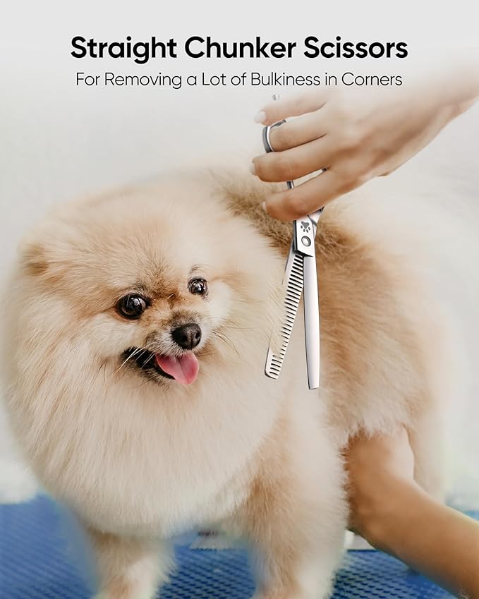 ULG Professional Dog Grooming Scissors 7.0” Straight Chunker Shear 65%-75% Thinning Rate 440C Japanese Stainless Steel Tension Adjustable Left & Right Handed Pet Grooming Shears