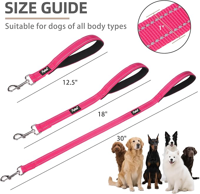 PUPTECK Reflective Short Dog Leashes - 3 Packs 2.5ft/ 1.5ft/ 1ft Nylon Leash with Strong Clip, Soft Padded Handle, Durable Training Leash for Large Small Medium Dogs Walking Outside, Fuchsia