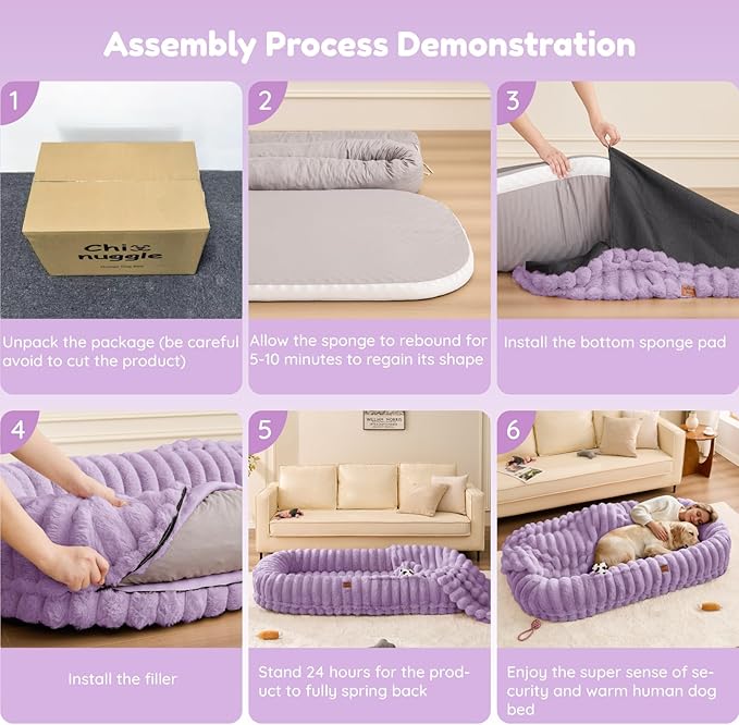 ChiXnuggle Human Dog Bed for Adult - Luxury Striped Faux Fur Giant Dog Bed with Portable Handle, Egg Orthopedic Foam Pad with Thick Blanket, 72"x40"x10", Purple