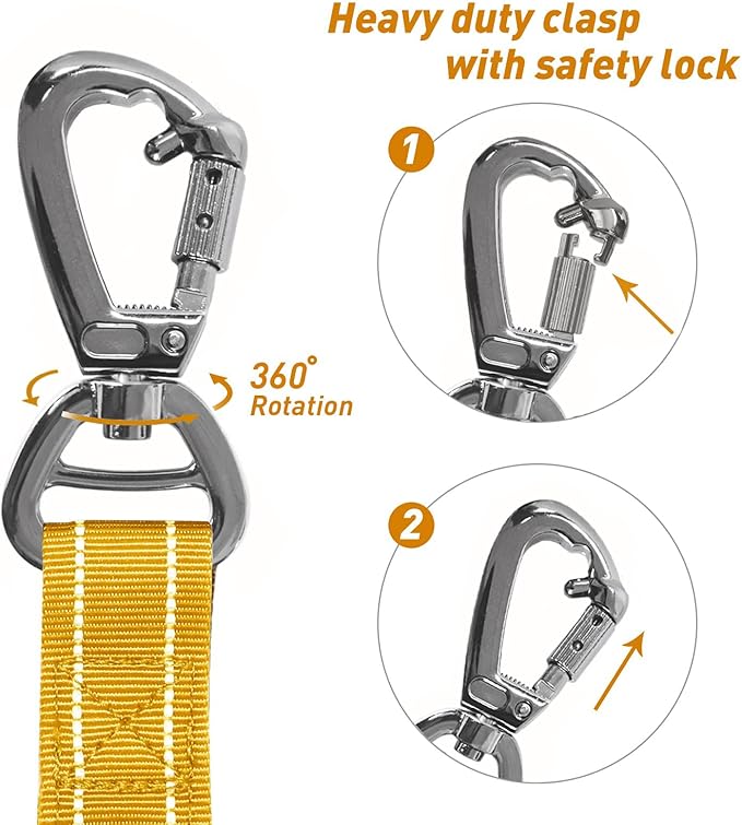 AUBELL Tactical Dog Leash Heavy Duty,4-6ft Reflective Strong No Pull Bungee Leash for Medium Large Dogs with Comfortable Padded Double Handle,Car Seat Belt,360 Degree Rotating Carabiner,Yellow