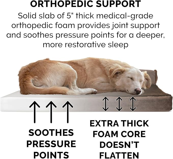 FurHaven Orthopedic Dog Bed & goDog Toy - Squeaky Plush Fat Rooseter with Chew Guard Technology for Large Dogs - Plush & Velvet L Shaped Chaise - Sable Brown, Jumbo Plus/XXL