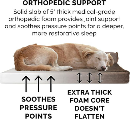 FurHaven Orthopedic Dog Bed & goDog Toy - Squeaky Plush Fat Rooseter with Chew Guard Technology for Large Dogs - Plush & Velvet L Shaped Chaise - Sable Brown, Jumbo Plus/XXL