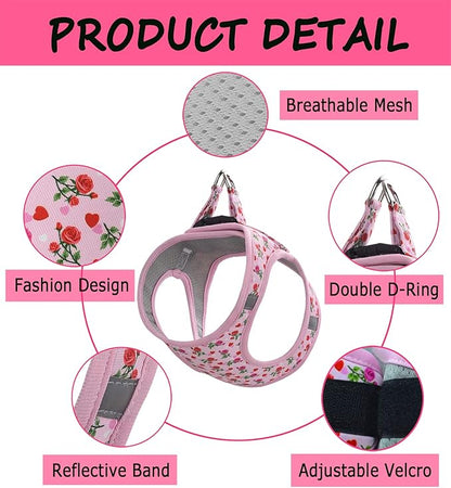 Moonpet Step in Valentine's Day Dog Harness Leash Set- All Weather Reflective No-Pull Floral Pattern Padded Mesh Vest Harness for Cats Puppy Extra-Small Small Medium Large Dogs - Heart Rose - XS
