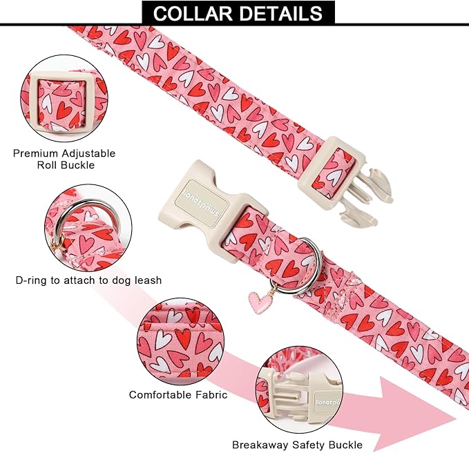 Lionet Paws Valentine's Day Dog Collars - Pink Dogs Collar with Plastic Buckle and Heart Pendant,Dog Collar for Medium Large Dogs