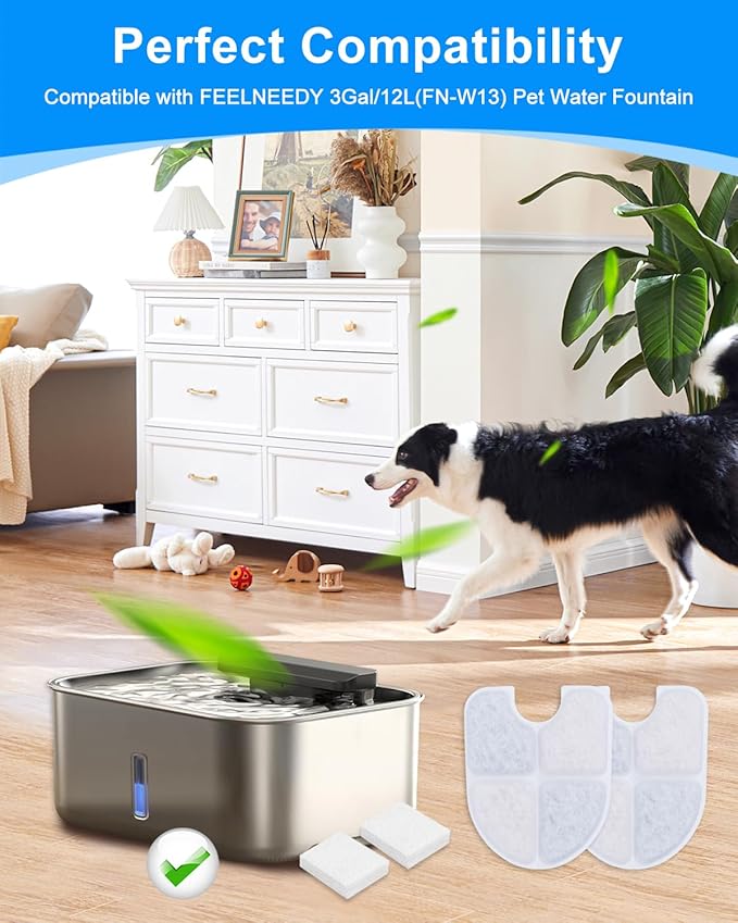 MyfatBOSS Dog Water Filter Replacement Compatible with FEELNEEDY 3 Gal/12L Stainless Steel Dog Fountain Water Bowl, 6PCS Pet Cat Filters & 6PCS Sponge Pump Filters for 3 Gallon Water Dispenser