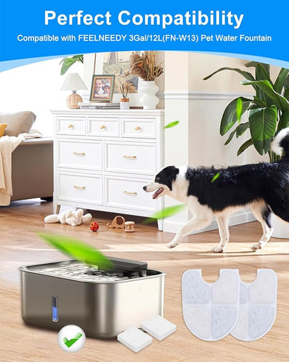 MyfatBOSS 8+8 Pack Dog Water Fountain Filters Replacement Compatible with FEELNEEDY 3Gal/12L Dog Water Dispenser, Carbon Filter & Sponge Pump Filter Set for Pet Fountain Bowl