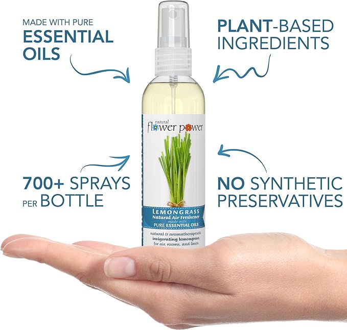 Natural Flower Power Air Freshener Spray | Lemongrass 4 Fl Oz | Pack of 3 | Scented w/ Pure Essential Oils | Non-Aerosol Plant-Based Odor Eliminator | Room, Linen, or Car Spray | Cruelty-Free & Vegan