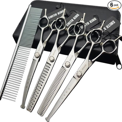 7 inches Safe Dog Grooming Scissors Set with Round Tip,Straight & Thinning & Curved Shears Set with comb for Dog & Cat Grooming human hair cutting (Black 4 in 1 with comb)