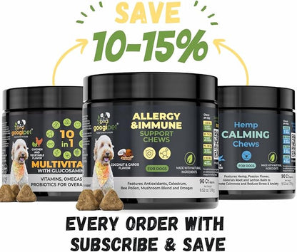 Googipet Dog Allergy Chews, Seasonal Dog Allergy Relief & Itchy Skin Relief, Skin & Coat Supplement +Bee Pollen, Colostrum, Coconut Oil, Probiotics, & Omega 3 Fish Oil for Dogs (Peanut Butter Flavor)
